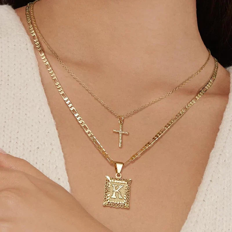 Baptism – Gold cross and initial necklace set