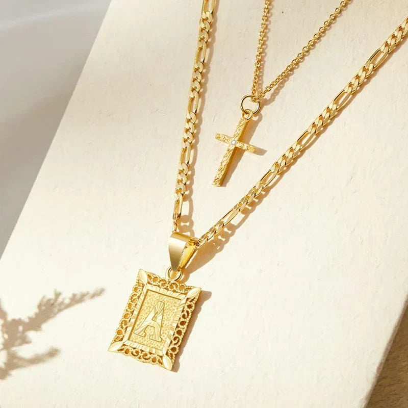 Baptism – Gold cross and initial necklace set