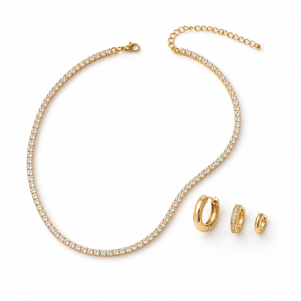 Hallelujah – Tennis necklace and huggie hoop earrings set in gold