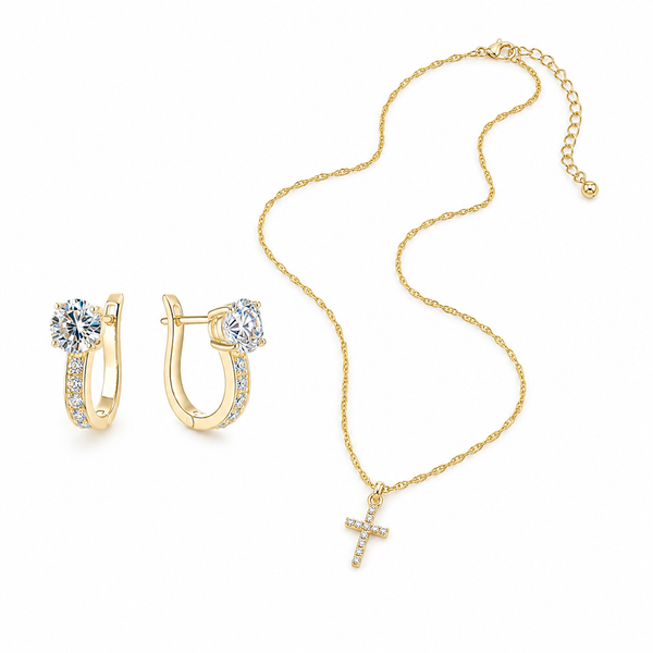 Calvario – Pavé cross necklace and huggie hoop earrings set in gold