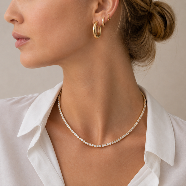 Hallelujah – Tennis necklace and huggie hoop earrings set in gold