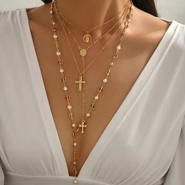 Multilayer Rosary – 4-layer gold cross necklace