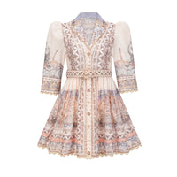 Vestido Mini de Lino Estampado con Cinturón – Estilo Boho-Chic