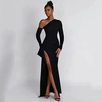 Sexy Diagonal Shoulder Black Dress Fashion Elegant Long Sleeve Split