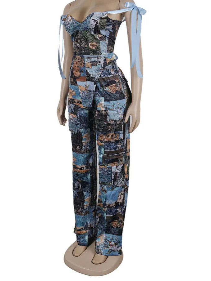 New Print Off Shoulder Bandage Crop Tops and Wide Legs Cargo Pants Two Piece