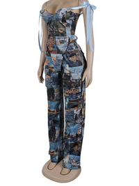 New Print Off Shoulder Bandage Crop Tops and Wide Legs Cargo Pants Two Piece