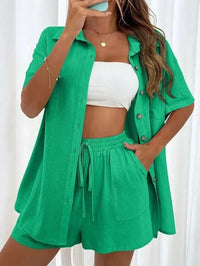 Solid Color Single Breasted Top Loose Short Pants Set Women