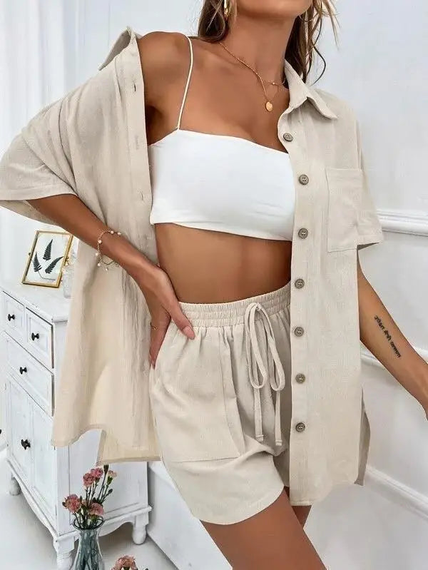 Solid Color Single Breasted Top Loose Short Pants Set Women