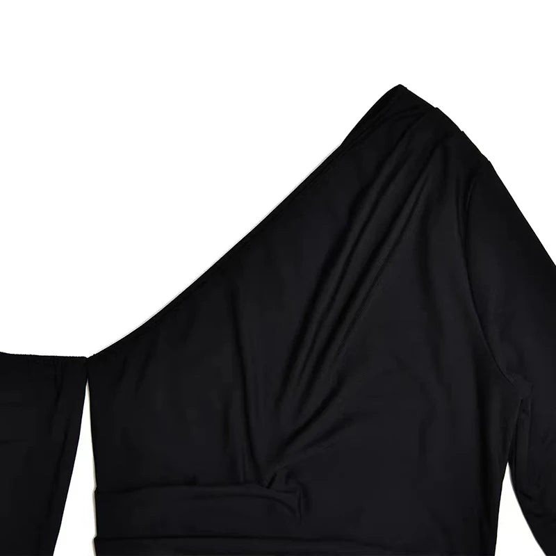 Sexy Diagonal Shoulder Black Dress Fashion Elegant Long Sleeve Split