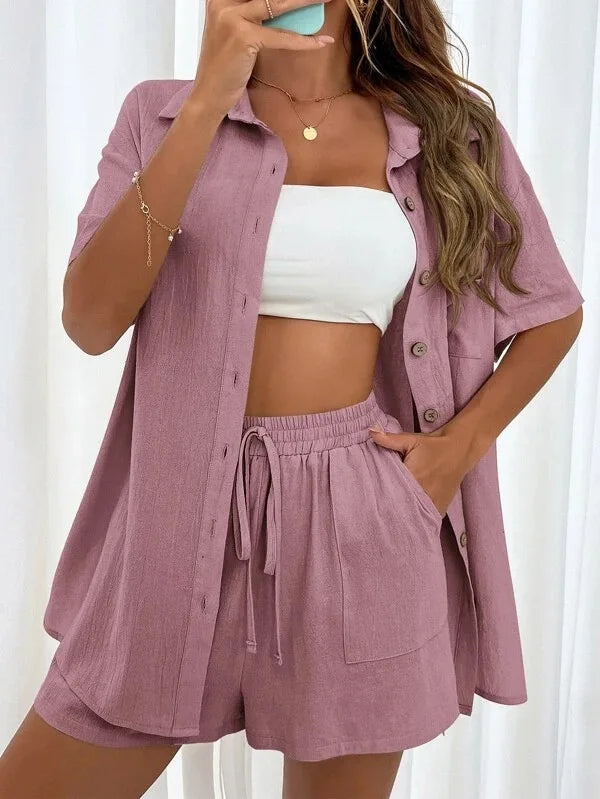 Summer Short Sleeve Shirt and Shorts Two Piece Set Women Cotton Clothing