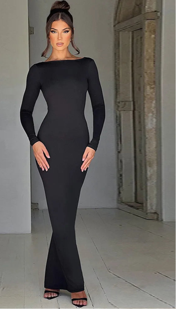 Spring Elegant Long Sleeve Backless Solid & Sexy Bodycon Maxi Y2K