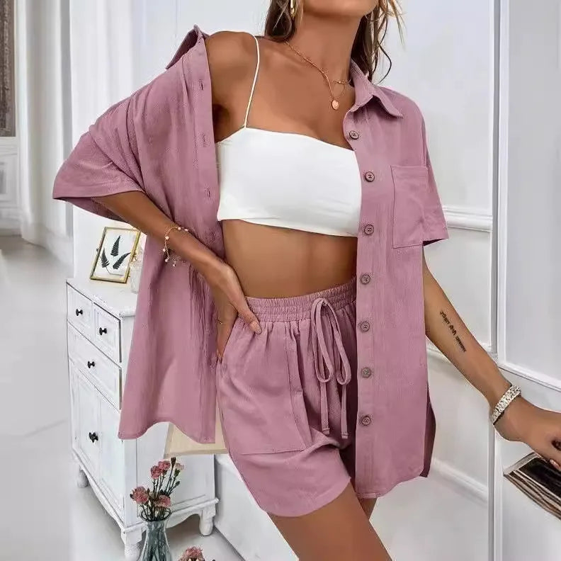 Solid Color Single Breasted Top Loose Short Pants Set Women