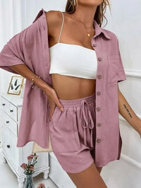 Solid Color Single Breasted Top Loose Short Pants Set Women