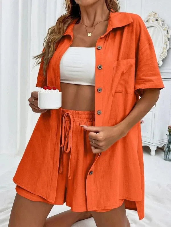 Summer Short Sleeve Shirt and Shorts Two Piece Set Women Cotton Clothing