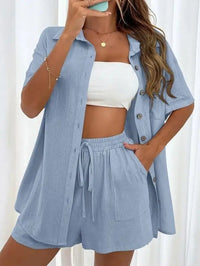 Solid Color Single Breasted Top Loose Short Pants Set Women