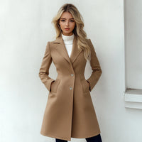 Women's Winter Camel Plain French Single Breasted Long Sleeve Lapel A-Line Maxi Casual Coats