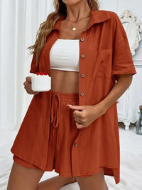 Summer Short Sleeve Shirt and Shorts Two Piece Set Women Cotton Clothing