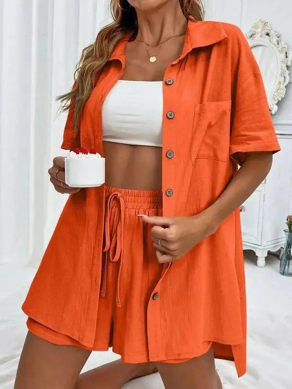 Solid Color Single Breasted Top Loose Short Pants Set Women