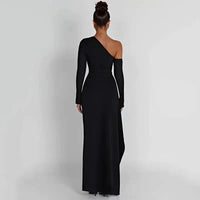 Sexy Diagonal Shoulder Black Dress Fashion Elegant Long Sleeve Split