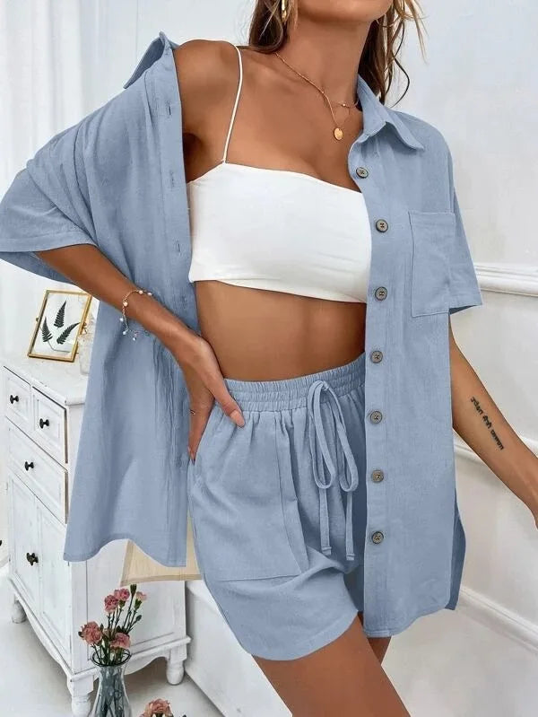 Summer Short Sleeve Shirt and Shorts Two Piece Set Women Cotton Clothing