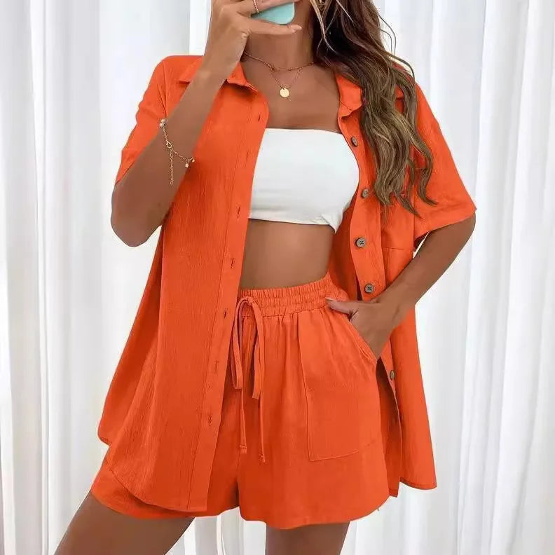 Solid Color Single Breasted Top Loose Short Pants Set Women