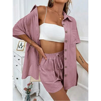 Summer Short Sleeve Shirt and Shorts Two Piece Set Women Cotton Clothing