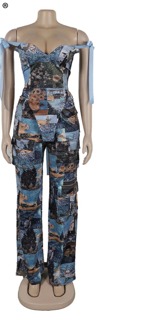 New Print Off Shoulder Bandage Crop Tops and Wide Legs Cargo Pants Two Piece