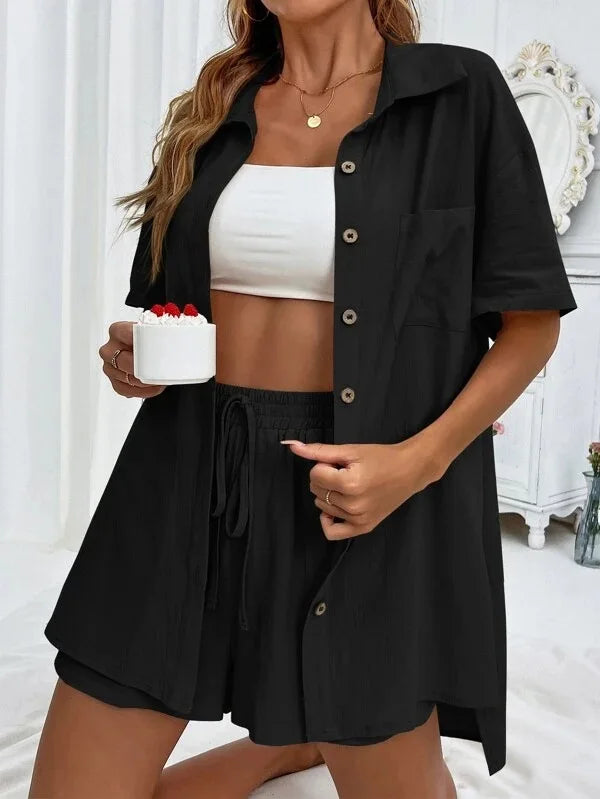 Summer Short Sleeve Shirt and Shorts Two Piece Set Women Cotton Clothing