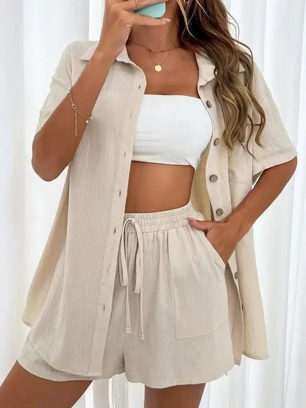 Solid Color Single Breasted Top Loose Short Pants Set Women