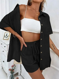 Solid Color Single Breasted Top Loose Short Pants Set Women