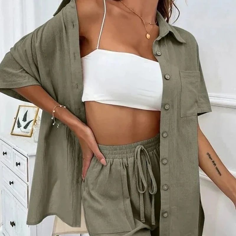 Summer Short Sleeve Shirt and Shorts Two Piece Set Women Cotton Clothing