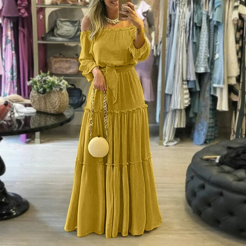 Bohemian Style Off The Shoulder Women High Waist Lace-up Ruffle Dress