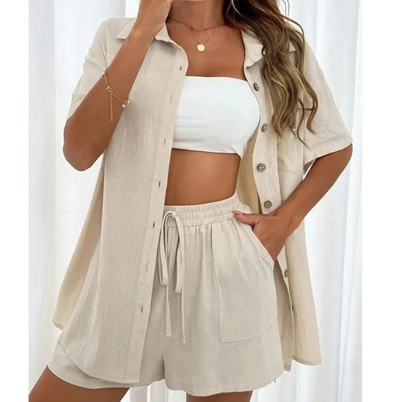 Summer Short Sleeve Shirt and Shorts Two Piece Set Women Cotton Clothing