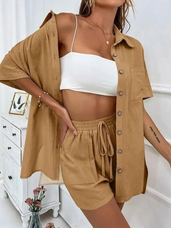 Solid Color Single Breasted Top Loose Short Pants Set Women