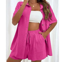 Summer Short Sleeve Shirt and Shorts Two Piece Set Women Cotton Clothing