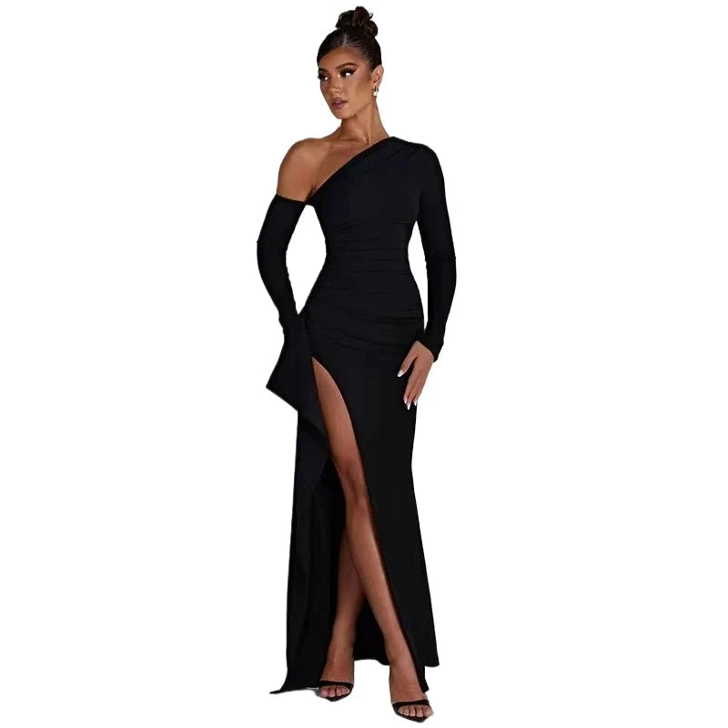 Sexy Diagonal Shoulder Black Dress Fashion Elegant Long Sleeve Split