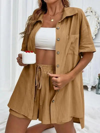 Solid Color Single Breasted Top Loose Short Pants Set Women