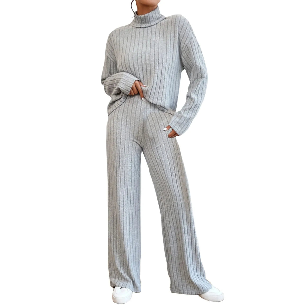 Women's High Neck 2 Piece Sweatsuit Long Sleeve Knit Sweater Top