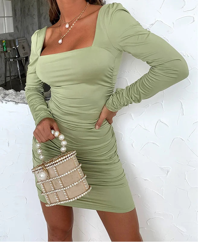 Women Sexy Autumn Long Sleeve Square Neck Bodycon Mini Dress