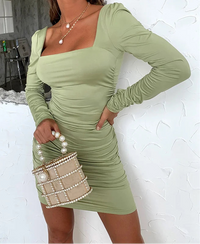 Women Sexy Autumn Long Sleeve Square Neck Bodycon Mini Dress