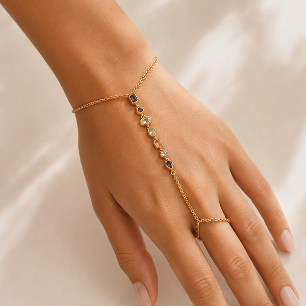 Aurora – Pulsera hand chain de cristales de colores en oro