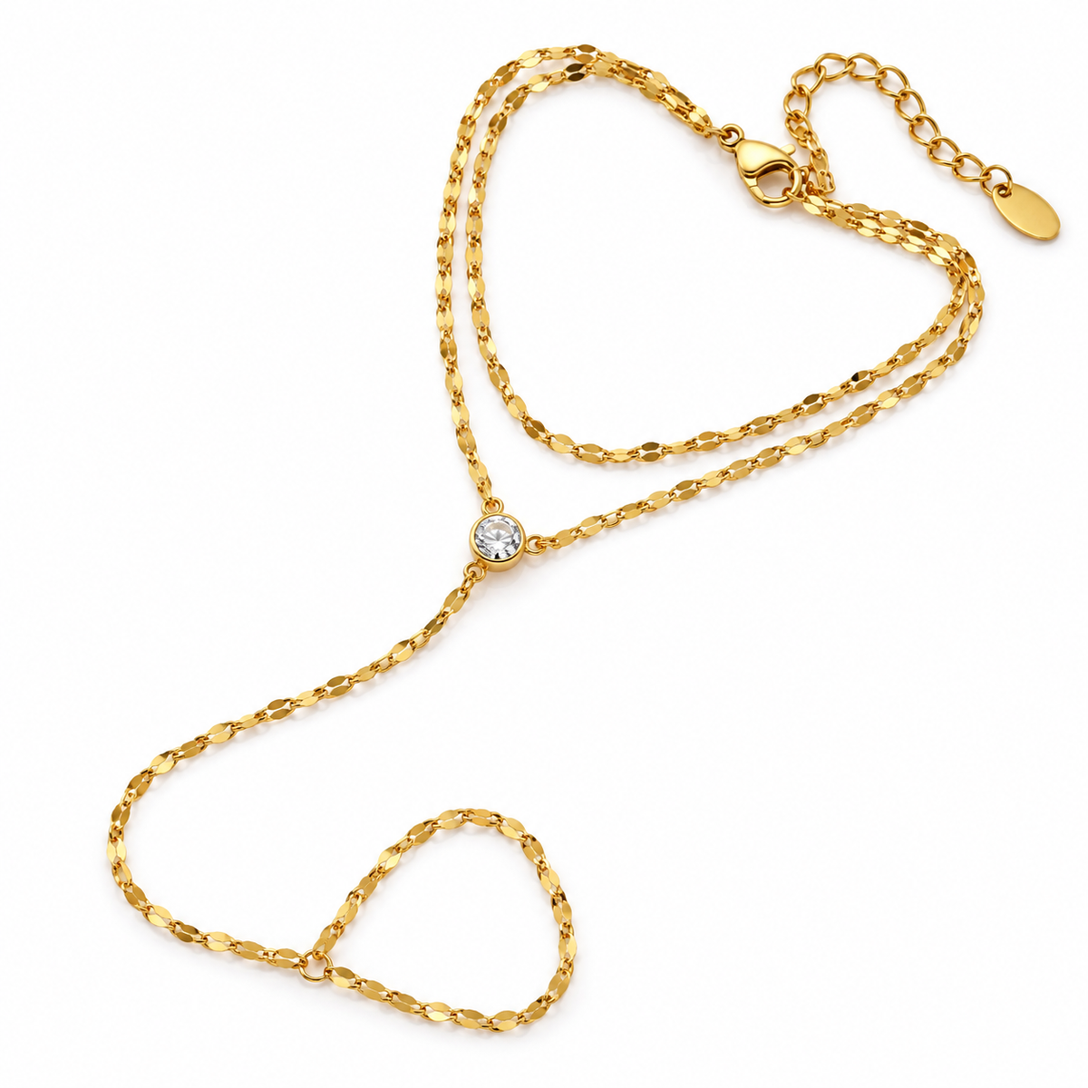 Afterglow – Pulsera hand chain de doble capa con circonita en oro