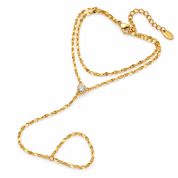 Afterglow – Pulsera hand chain de doble capa con circonita en oro