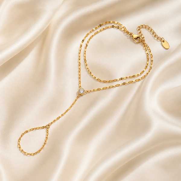 Afterglow – Pulsera hand chain de doble capa con circonita en oro