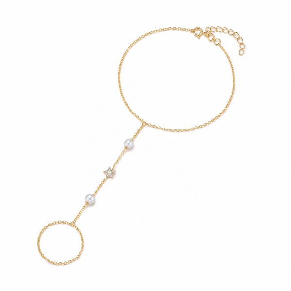 Lover Girl – Pulsera hand chain de perlas y estrella en oro