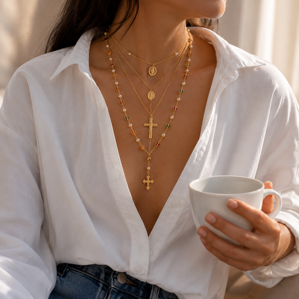 Multilayer Rosary – 4-layer gold cross necklace