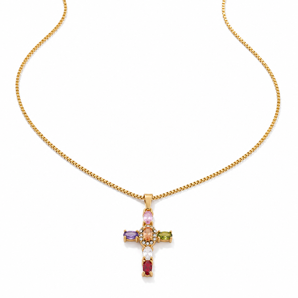 Luz de la Fe – Collar cruz de gemas multicolor en oro
