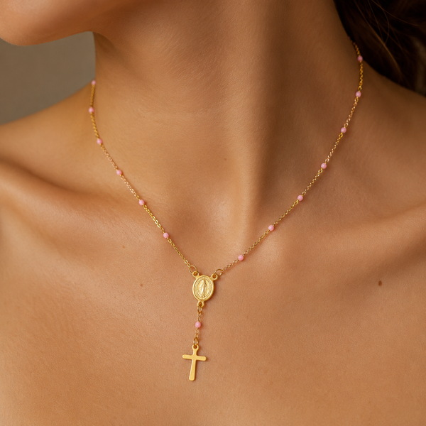 Novena Rose – Gold cross rosary necklace