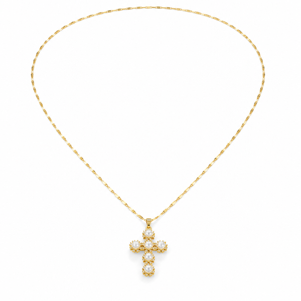 Perla Santa – Pearl cross necklace in gold