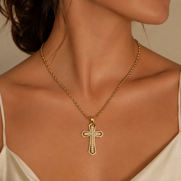 Miracle – Double-layer cross necklace with crystals in gold